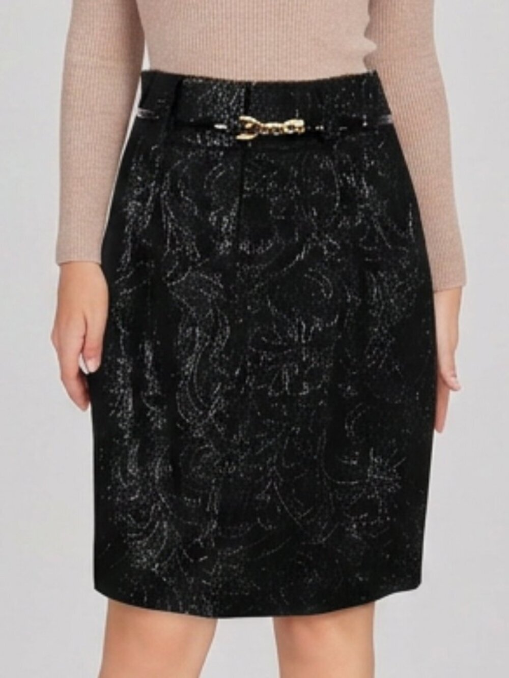 NWOT Elie Tahari Black Metallic Floral Textured Belted Pencil Skirt